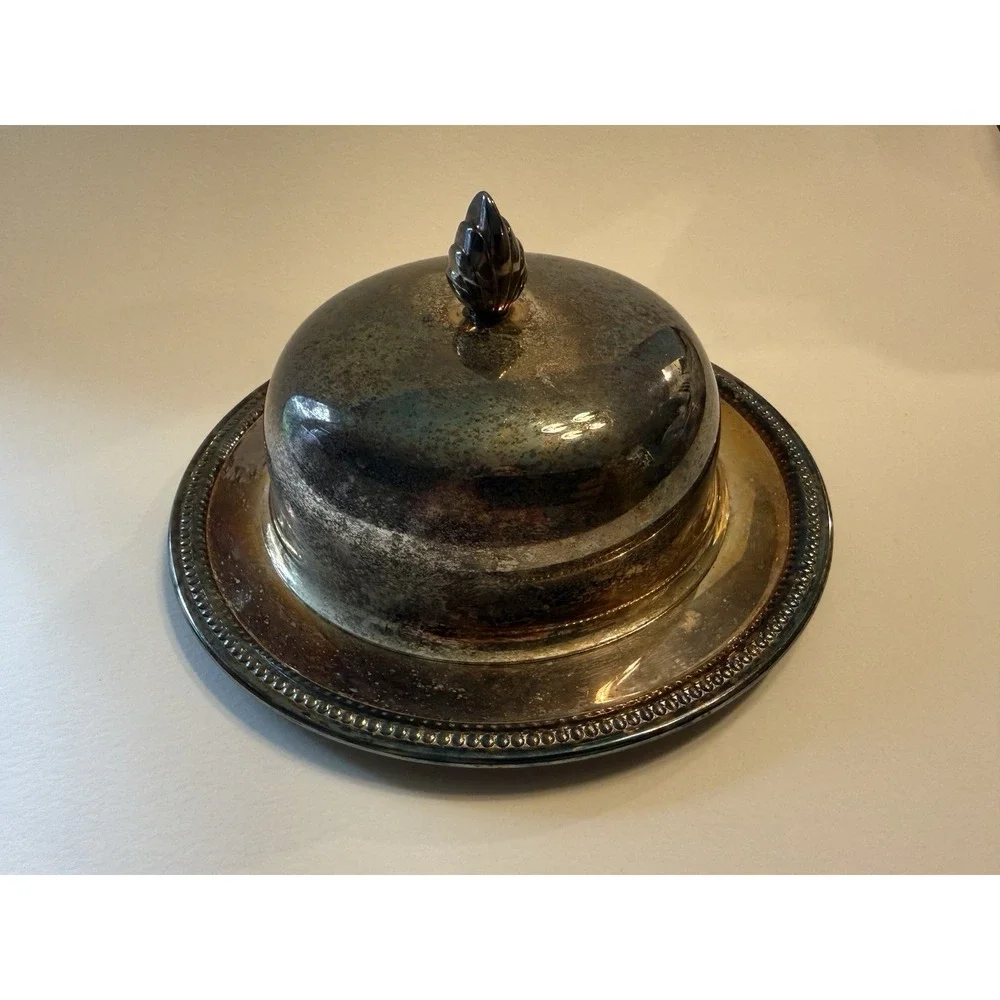 Vintage Oneida Silverplate Round Covered Butter Dish Plastic Liner Plate w/ Top